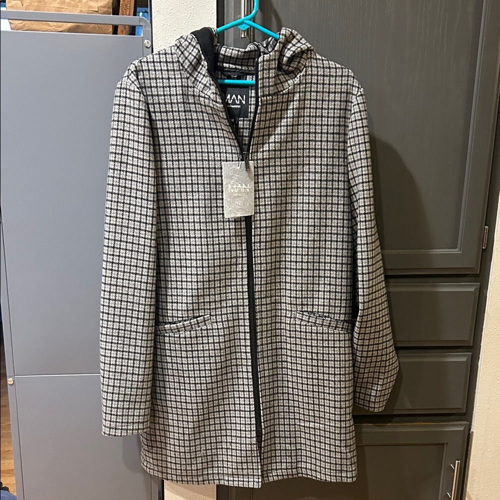 Stylish Black and Gray Plaid Trench Coat